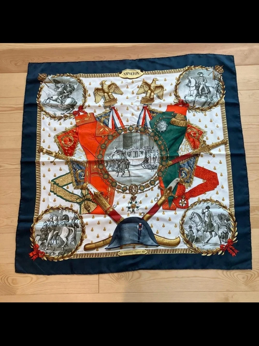 Hermes Navy, Red, Green and Gold Napoleon Motif Silk Scarf